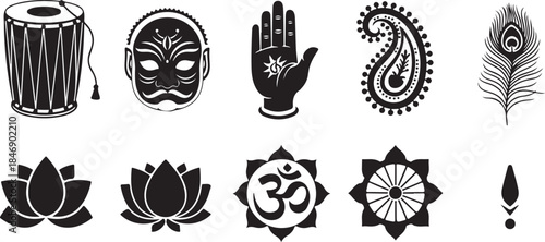 Indian cultural symbols set black silhouette icons