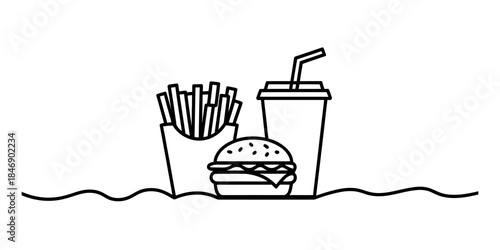 Simple black and white line art illustration of a fast food combo meal with burger, fries, and drink Vector, illustration