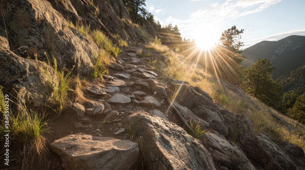 Obraz premium Hiking trail in a mountain area with sunlight shining through trees