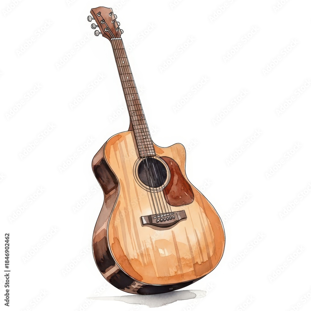 Obraz premium Watercolor illustration depicts a wooden acoustic stringed instrument leaning slightly