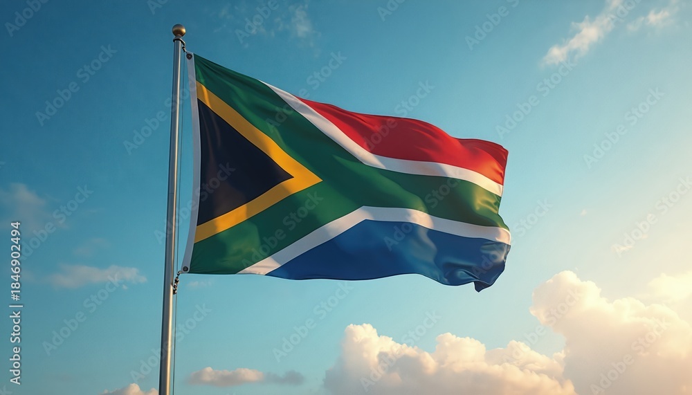 Fototapeta premium South African flag waves on pole against bright blue sky with white clouds. The national banner with green red blue yellow black and white colors ripples in the wind, signifying freedom and pride.