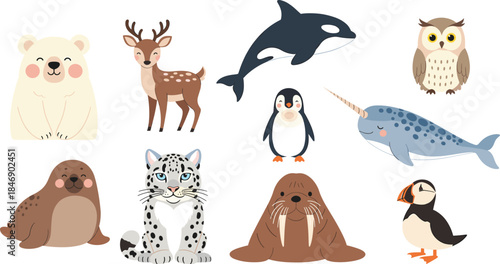 Cute Arctic and North Pole Animals Vector Collection with Polar Bear, Narwhal, Orca, Puffin, Seal, Deer, and Snow Leopard for Winter Designs