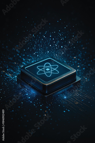 Next-Generation Quantum Chip Surrounded by Digital Particles in Abstract High-Tech Space