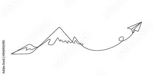 Continuous line drawing of a paper airplane flying over mountain peaks, symbolizing journey Vector, illustration