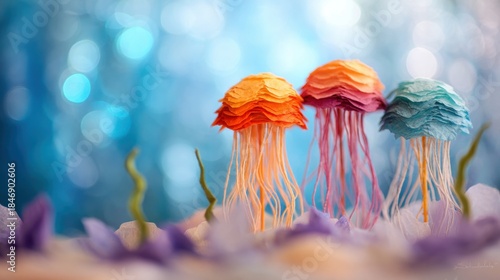 Three colorful jellyfish made from paper arranged on a surface at an art display
