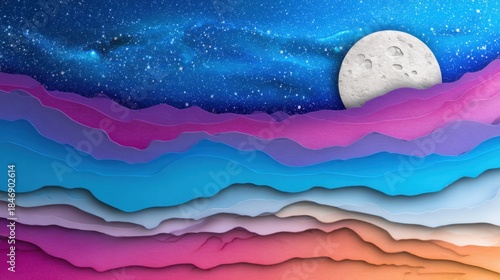 Colorful paper layers create a night sky scene with stars and moon