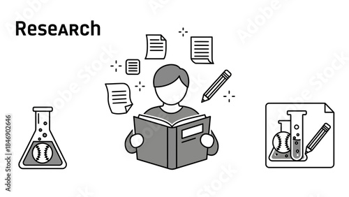 Person reading book with research elements around