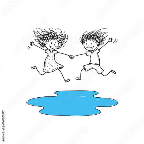 Children jumping joyfully together over a puddle in a playful scene  