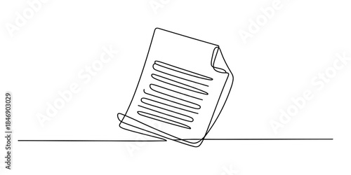A single continuous line drawing of a paper document with text lines on a white background Vector, illustration