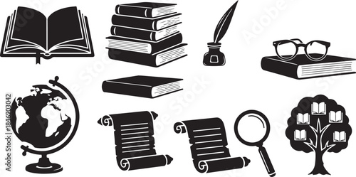 Education and knowledge icons set black silhouette