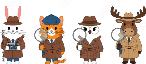 Cute Cartoon Animal Detective Vector Set; Funny Rabbit, Cat, Owl, and Moose Characters Wearing Trench Coats and Holding Magnifying Glasses for Mystery