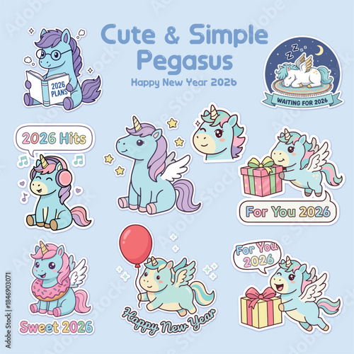 A cute sticker collection on a light blue background featuring adorable blue pegasus characters celebrating New Year 2026 with gifts, music, books, and balloons.