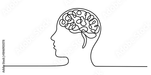 Continuous line art illustrating human head profile and complex brain structure Vector, illustration