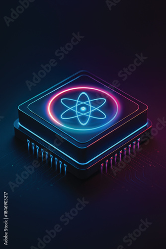 Futuristic AI Processor with Quantum Energy Core and Glowing Atom Icon