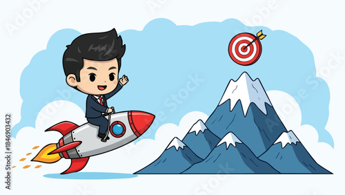 Animated businessman on a rocket flying towards a mountain peak with a bullseye target symbolizing business success and ambitious goals