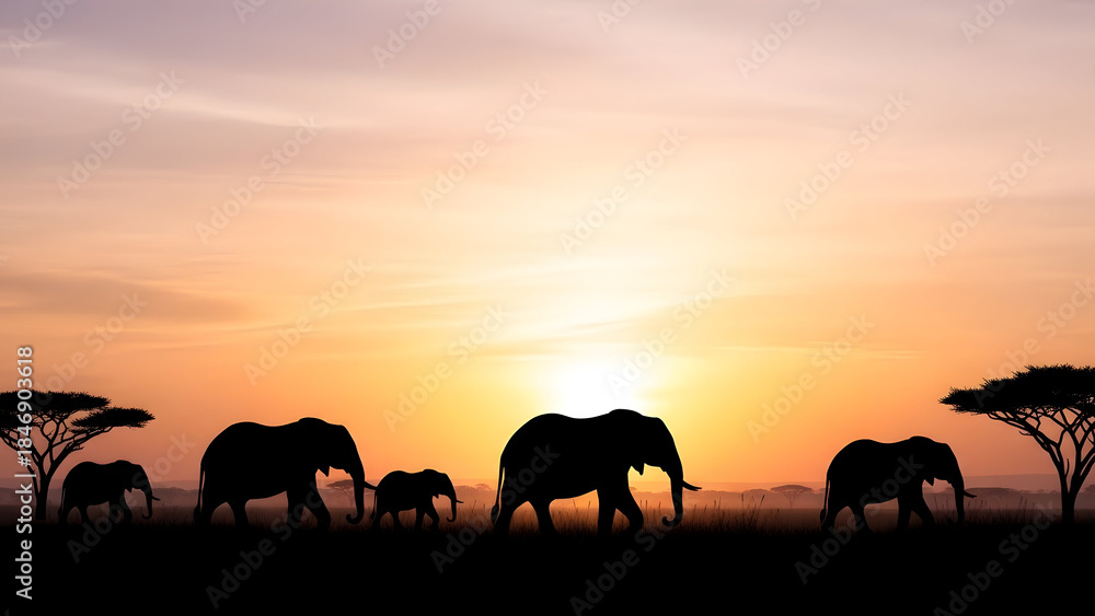 Fototapeta premium Serene African savannah sunset featuring silhouetted elephants and acacia trees for a tranquil