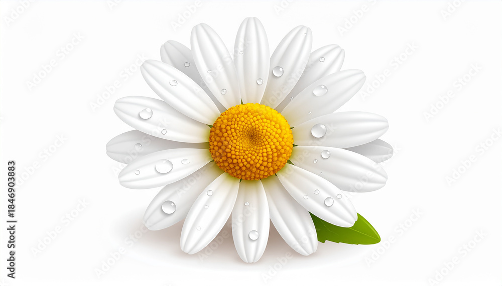 Obraz premium Close-up of a White Daisy Flower with Water Droplets and One Leaf yellow center