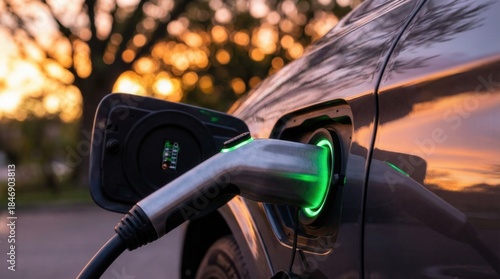 Electric car charging port with green glowing light and sunset in background