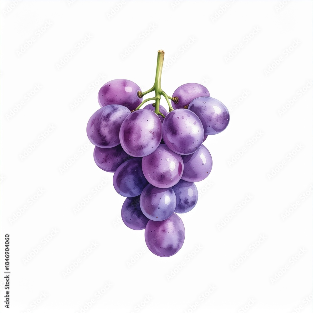 Fototapeta premium Vibrant cluster of fresh purple grapes, a healthy and delicious snack rich in antioxidants, beautifully depicted with natural detail on a clean white background