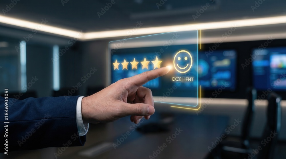 Fototapeta premium Businessman's finger touching a five-star rating and excellent smiley face on a digital screen
