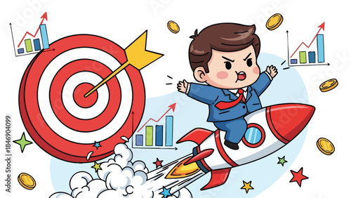 Chibi businessman blasting off on a rocket towards a bullseye target surrounded by graphs and coins symbolizing financial success and ambition