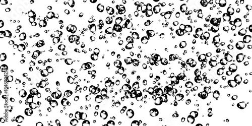 Dynamic collection of black water droplets and soda bubbles floating and splashing to create a fresh liquid texture suitable for beverage packaging and cool summer drink promotions