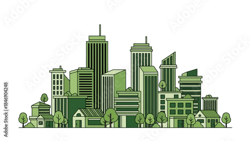 Eco-Friendly Cityscape: Green Vector Illustration of Modern Buildings and Nature