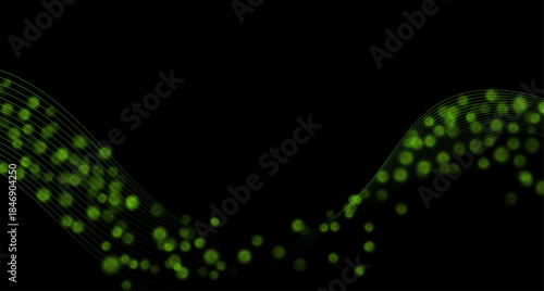 Shiny sparkling green particles with wavy lines on black background. Vector graphic design