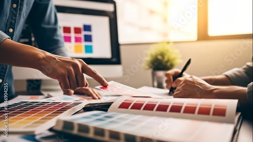 Person analyzing color samples and design layouts on laptop