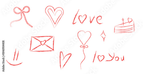 Set of red hand drawn doodles featuring hearts balloons cake and love lettering suitable for romantic projects and valentines day celebration themes or anniversary decorations