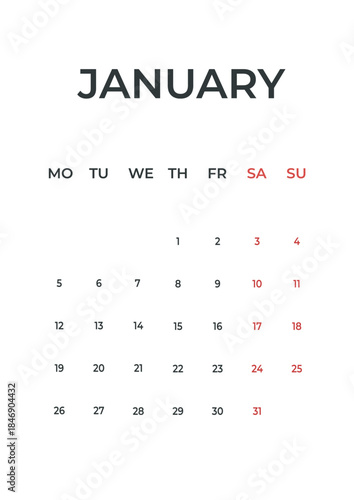 January 2026 calendar wall page planner