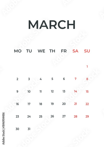 March 2026 calendar wall page planner