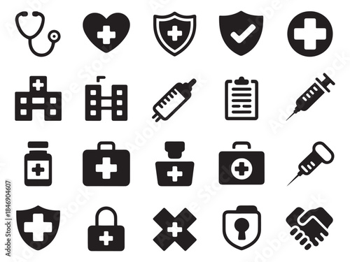 Collection of 20 medical health care glyph style icons for digital and print projects