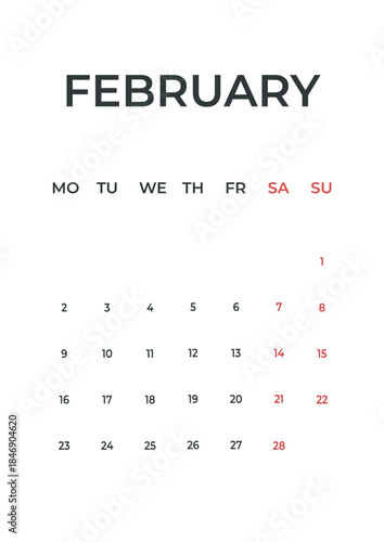February 2026 calendar wall page planner