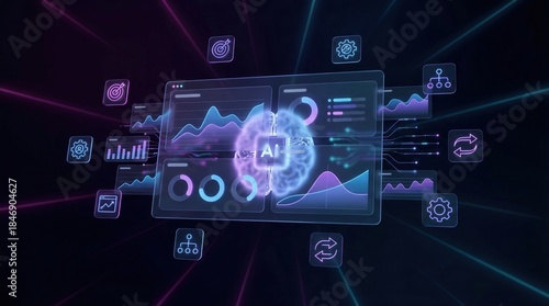 Artificial intelligence dashboard with charts and graphs displaying data analytics and insights