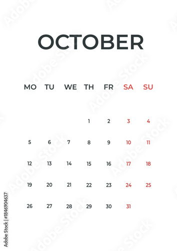 October 2026 calendar wall page planner