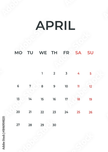 April, 2026 calendar wall page planner