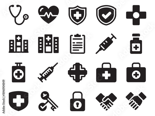 Modern health and medical glyph icons collection for digital and print use
