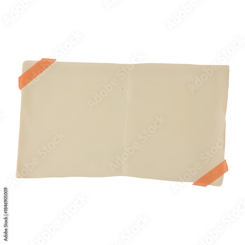 A blank sheet of paper is taped to a white surface with orange tape from four corners viewed directly