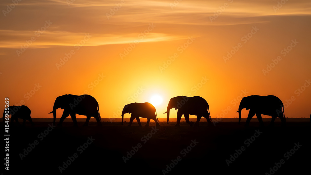 Fototapeta premium Serene African Sunset with Herd of Elephants Crossing the Plains at Dusk