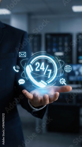 Businessman holding a glowing 24/7 customer support icon with surrounding service symbols