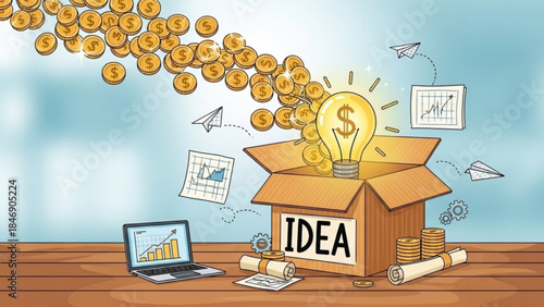 A creative illustration of a cardboard box with an idea and a lightbulb on a wooden desk with a laptop and papers around it