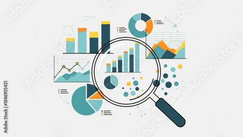 A magnifying glass over various colorful graphs and charts on a light gray background with a mix of bar, line, and pie charts in shades of blue, orange, and yellow