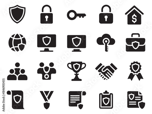 Collection of glyph style icons for security business and achievement themes