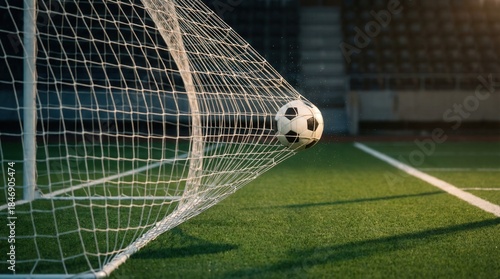 Soccer ball scoring a goal, caught in the net on a green field with stadium seating in background