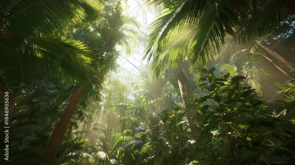 Fototapeta premium Sunlight shines through tropical plants in a dense forest scene during the day