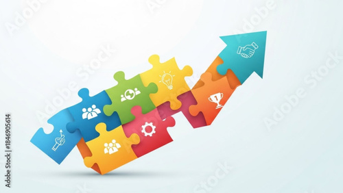 A colorful puzzle pieces forming an upward arrow on a light blue background with various business icons