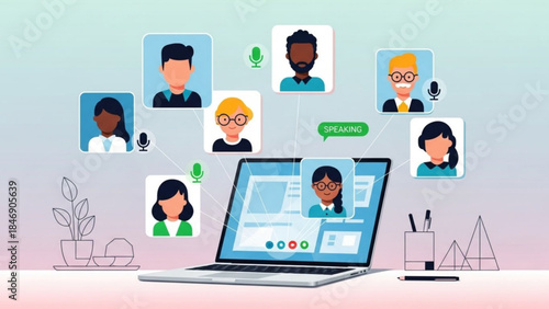 A colorful illustration of a laptop with multiple video call participants on the screen surrounded by floating portraits on a gradient background with office supplies