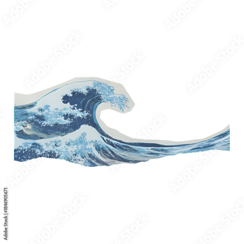A large wave crashes against the shore with a small boat in the background, depicted in a traditional Japanese art style
