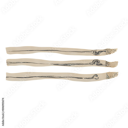 Three wooden chopsticks with black stripes lie parallel on a white surface, viewed from directly above.